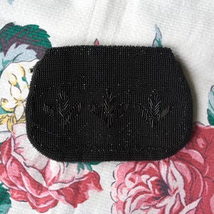 1930s black microbead Czech dance purse with hand strap / small beaded clutch bag made in Czechoslovakia