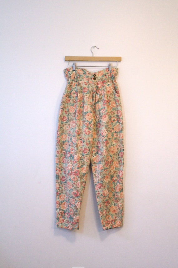 1980s or 1990s floral roses high waisted paper bag