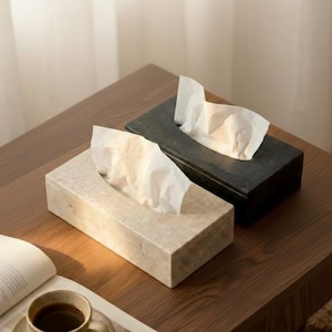 Pode incluir: Duas caixas de lenços retangulares. Uma é de cor bege claro e a outra preta. Ambas têm uma abertura retangular na parte superior com lenços brancos saindo. As caixas estão sobre uma superfície de madeira marrom.