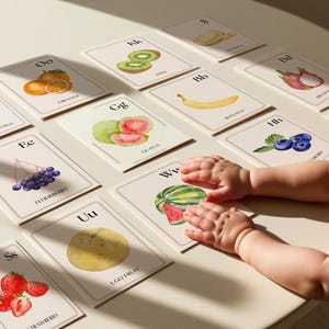 Flashcards do alfabeto de frutas, Flashcards estéticos digitais para download, Materiais Montessori, Imprimíveis para educação domiciliar, Escola, Sala de aula, Pré-escola