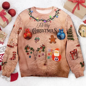 Christmas jumper hairy chest best sale