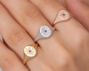 Solid Gold Sunburst Signet Pinky Ring for Women, Minimalist Celestial Band , Yellow Rose White Gold Statement Ring,  Solid Gold Signet Ring