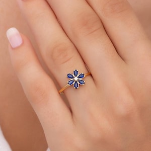 Solid Gold Floral Cubic Zirconia Ring | Elegant Flower Design CZ Promise Ring for Women | Multiple Colors Dainty  Jewelry | Pear Cut Ring