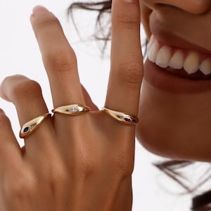 Solid Gold Marquise Signet Ring | Solid Gold Bezel Ring | Women&#39;s Birthstone Signet Ring | Small East-West Design Ring | Gold Dome Ring Cz |