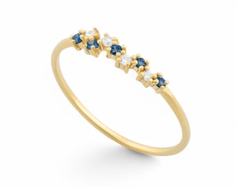 Solid Gold Cluster Ring, Dainty Stacking Ring, Minimalist Contour Ring, Thin Cz Nesting Ring, Thin Stacking Ring, Birthstone Cluster Ring