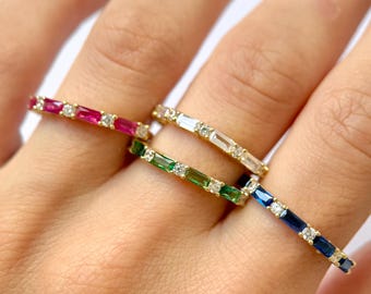 Gold Baguette Birthstone Ring, Dainty Multicolor Crystal Stacking Band