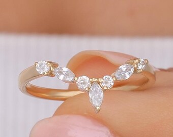 Elegant Solid Gold Marquise Diamond Wedding Band | Dainty Stackable Curved V Shape Ring | Unique Chevron Ring