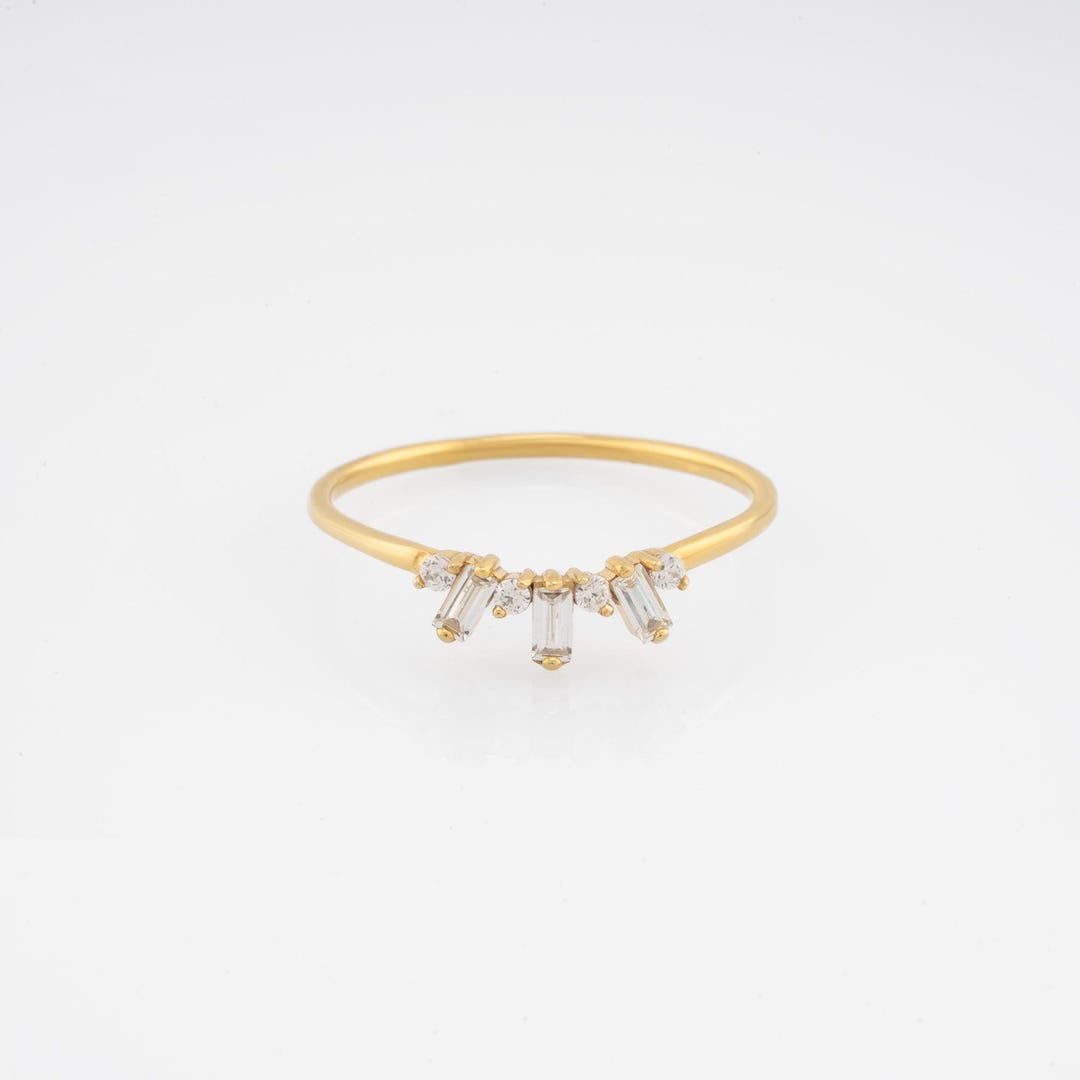 Solid Gold Curved Wedding Band With Cz Baguettes | Minimalist Chevron ...