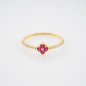 Solid Gold Clover Ring with Cz | Stackable Minimalist Lucky Four Leaf Band | Dainty Christmas Gift for Her | Dainty Stacking Ring