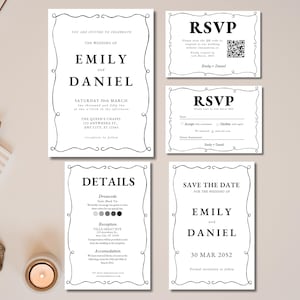 Black Wavy Border Wedding Invitation Suite, DIY Canva Template, Modern Wedding Stationery, Wedding Invitations, Classy and Timeless Wedding