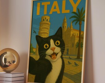 May include: A framed poster with the word "ITALY" in yellow, showing a cartoon cat selfie with the Leaning Tower of Pisa. The poster is on a wooden shelf with a gold sphere and books.