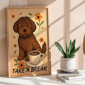 Schnoodle Kaffee Poster, Retro Kaffee Poster, Hunde Wandkunst für Kaffeeliebhaber, Minimalistisches Schwarz Beige Haustier Dekor, Physischer Kunstdruck Geschenk