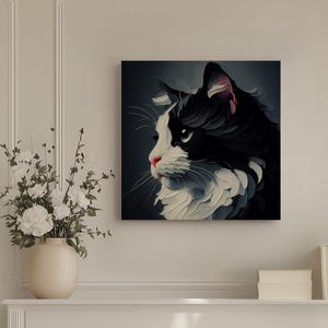 Tuxedo Cat Canvas: Impressionist Portrait, Elegant Home Decor