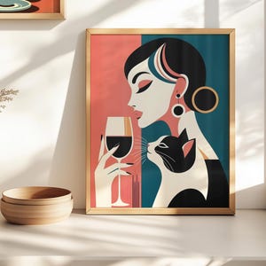 Póster de gato blanco y negro con vino, gato de bar retro, arte de bar para el hogar, impresión de gato de cóctel, regalo para amantes de las mascotas, arte con temática de alcohol