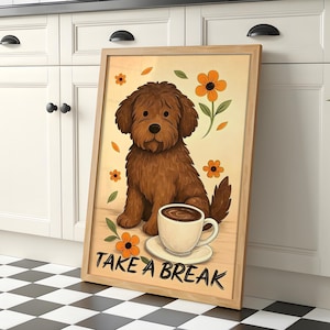 Pôster de café Schnoodle, pôster retrô de café, arte de parede de cachorro para amantes de café, decoração minimalista em preto e bege para animais de estimação, impressão de arte física para presente