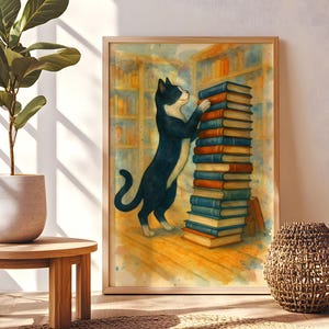Bibliothek Smoking Katze Aquarell Poster, Retro Bibliothek Wandkunst, Bücherstapel Malerei, Geschenk für Katzenliebhaber