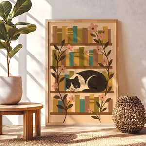 Póster de biblioteca con gatos acogedores, decoración bonita para el hogar, regalo para amantes de los libros, impresión artística de gatos, arte mural de estilo vintage