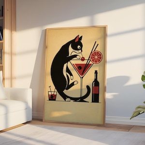 Vintage Tuxedo Cat Cocktail Poster, Retro Cat Art Print, Home Bar Decor, Einzigartige Wandkunst, Fun Cat Print für Katzenliebhaber