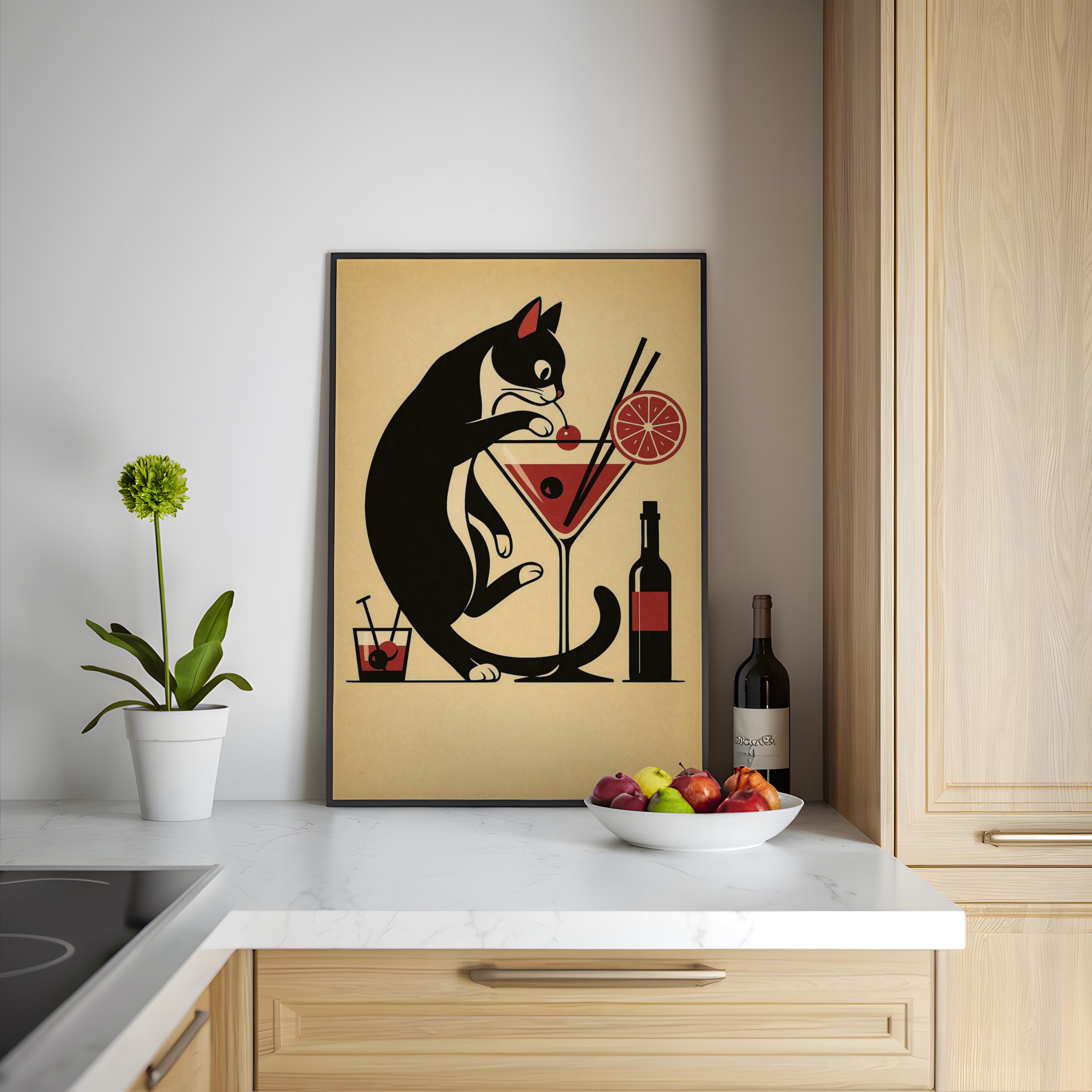 Vintage Tuxedo Cat Cocktail Poster, Retro Cat Art Print, Home Bar Decor ...