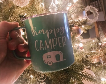 READY TO SHIP - Happy Camper Personalized Steel Coffee Tumbler - Great gift for camping trips, friends, girls weekends