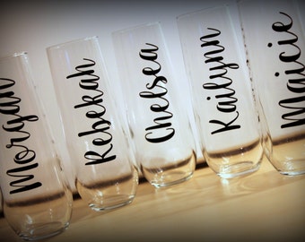 Personalized Stemless Champagne Glass...  Great gift for the bridesmaids, bachelorette parties, showers...