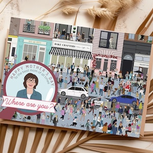 Tarjeta divertida del Día de la Madre, tarjeta personalizada del Día de la Madre, ilustración personalizada para mamá, postal "¿Dónde está Wally?", busca y encuentra tarjetas únicas