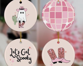 Cosmic Cowgirl Ghost Ornaments For Halloween Pink Decor Or Christmas Pink Decor Cute Ghost Ornaments With Pink Boots And Hat Spooky Ornament