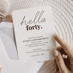 Hello Forty (o qualsiasi età) Invito minimalista per la festa del 40° compleanno, carta stampabile / MODELLO MODIFICABILE invito minimalista con versione mobile