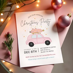 Rosa WeihnachtsParty Einladung EDITIERBARE | druckbare niedlichen Urlaub Dinner Party einladen Digitale Weihnachtsfeier 5 x 7 rosa Auto tragen Baum