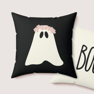 Floral Ghost Pillow for Halloween pink flowers ghost with flowers boho halloween decor boo simple pillow for halloween girly halloween decor