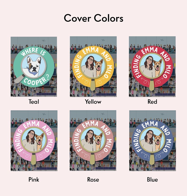 May include: A collection of book covers with illustrations. The covers feature a magnifying glass design with a person and a dog, and the text "Finding Emma and Milo". The covers are in teal, yellow, red, pink, rose, and blue.