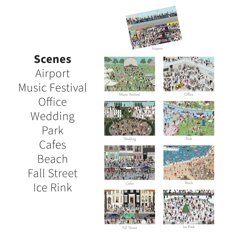 May include: A collection of illustrations depicting various scenes. The scenes include an airport, music festival, office, wedding, park, cafes, beach, Fall Street, and an ice rink. The word "Scenes" is written in bold black text.