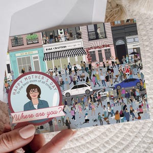 Tarjeta divertida para el Día de la Madre, tarjeta personalizada para el Día de la Madre, ilustración personalizada para mamá, postal "¿Dónde está Wally?", busca y encuentra tarjetas únicas.