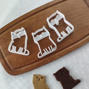 Peut inclure: Trois emportes-pièces en plastique blanc en forme de chat et trois biscuits en forme de chat, un brun, un brun foncé et un brun clair. Les biscuits sont sur une surface blanche.