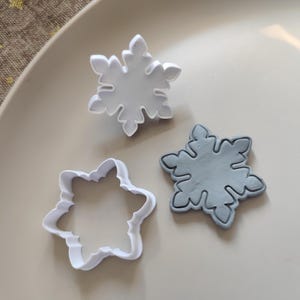 May include: Three snowflake-shaped items: one white plastic snowflake cookie cutter, one white plastic snowflake stamp, and one grey snowflake-shaped piece of moulded clay or dough, all arranged on a smooth, light-coloured surface.