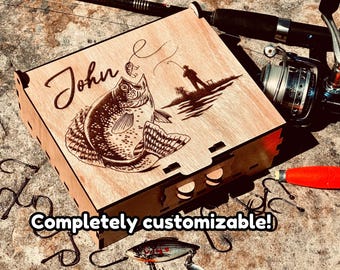 Scatola porta attrezzi da pesca personalizzata in legno, realizzata a mano