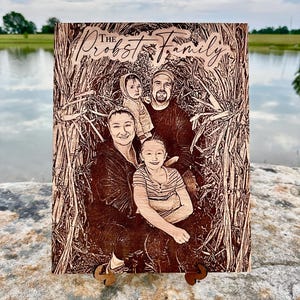 Laser Engraved Photo on Wood: Custom Family Portrait with Easel