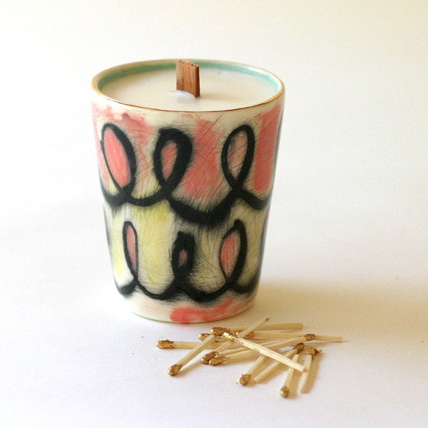 VOLCANO Scented 100% soy wax hand poured candle with wooden wick 50 hour burn in handmade ceramic wine tumbler