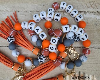 Stretchy Personalized Football Silicone Beaded Wristlet Keychain with Tassel | Silicone Bead Keychain | Key Ring Bracelet |Orange, Dark Gray