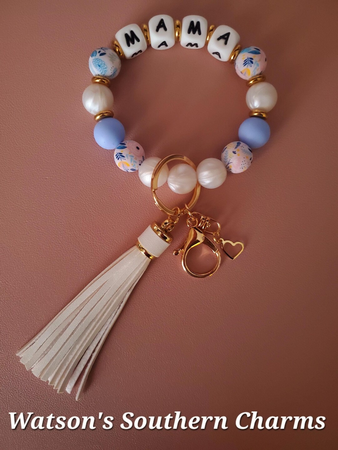 Personalized Blue Floral Wristlet Keychain With Silicone Beads, Jewelry