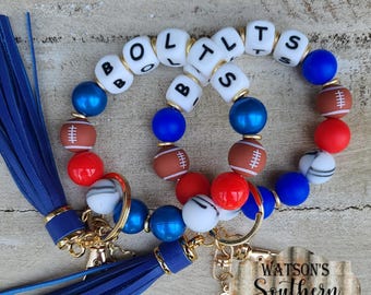 Stretchy Personalized Football Silicone Beaded Wristlet Keychain with Tassel | Silicone Bead Keychain | Gift For Her | Royal Blue, Red