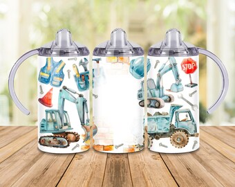 Personalized Kids Construction 12oz Insulated Sippy Cup Toddler Tumbler - with 2 Lids and Straw