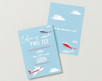 May include: Blue invitation with white clouds and red and blue airplanes. The text reads "Colson is Two Fly" and includes details for a birthday party.