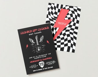 Modèle d'Invitation de baby shower rock'n'roll, invitation de baby shower rockstar, né pour le rock, entièrement personnalisable, modifiable, imprimable