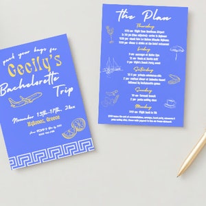 Plantilla de invitación de fin de semana de despedida de soltera con temática griega, despedida de soltera en Mykonos/Santorini, totalmente personalizable, imprimible, digital