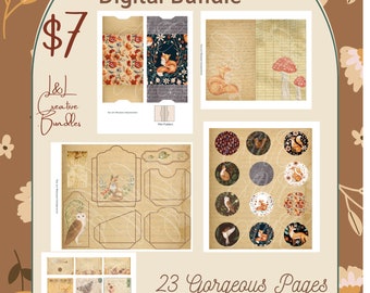 May include: A digital download bundle of 23 printable pages for a woodland themed mini journal. The pages feature illustrations of owls, foxes, mushrooms, and other woodland creatures. The bundle is available for $7.