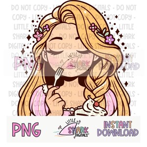 May include: A digital illustration of a cartoon character with long blonde hair, adorned with flowers, eating a dessert with a fork. The image includes the text "PNG", "Little Shark Digitals", and "Instant Download".