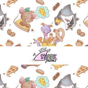 Puede incluir: Un patrón sin costuras que presenta un dragón morado, un mapache gris, un ratón verde y varios alimentos como pizza, pretzels y queso. El patrón está sobre un fondo blanco e incluye el texto "Little Shark Digitals".