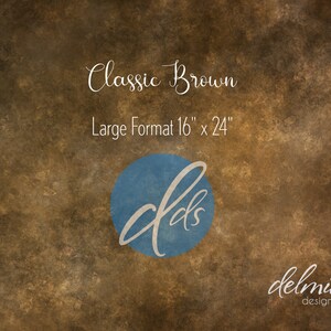 May include: A brown textured backdrop with the text "Classic Brown" and "Large Format 16" x 24" in white. A blue circle with the letters "dds" in white is in the center of the image. The text "delmiaco design studio" is in white at the bottom of the image.