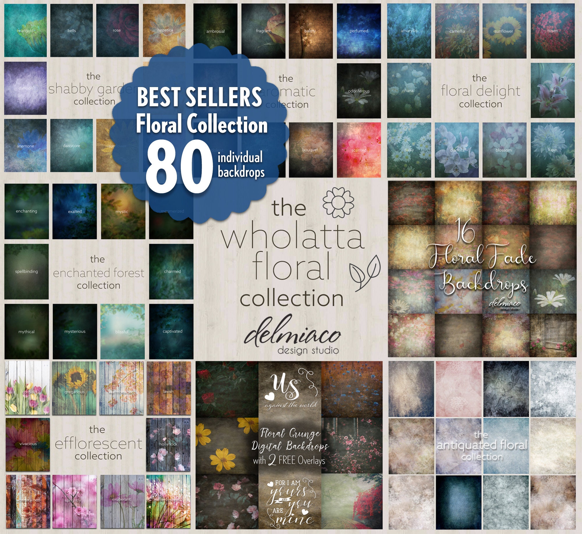80 Flower Digital Backgrounds, Wholatta Floral Collection Backdrops, Portrait Studio, Green Screen, Flower Digital Paper
